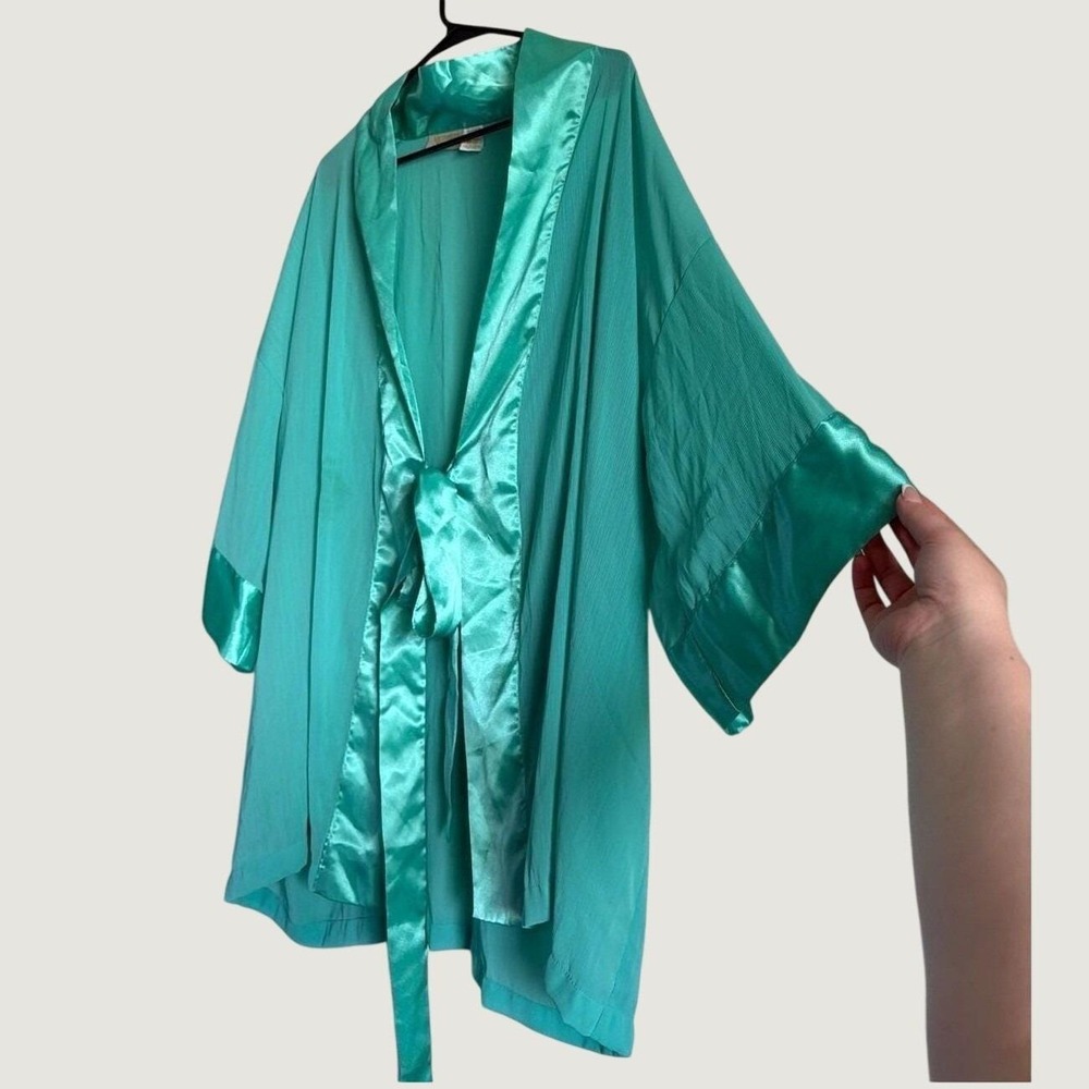 Vintage Victorias Secret Gold Label Teal Chiffon Satin Trim Robe One Size Green